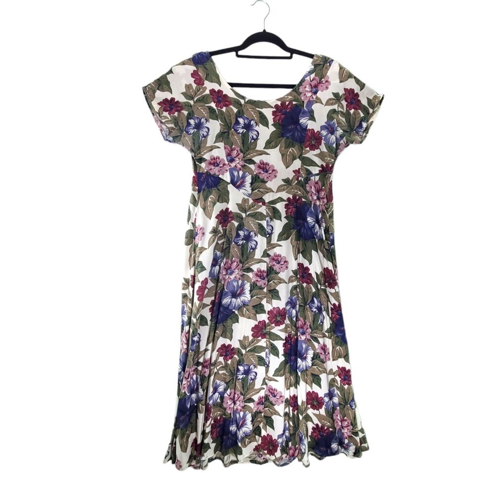 7/8 All That Jazz Midi Dress Plum Purple Floral Short Sleeve Vintage 80's 90's - Picture 2 of 14